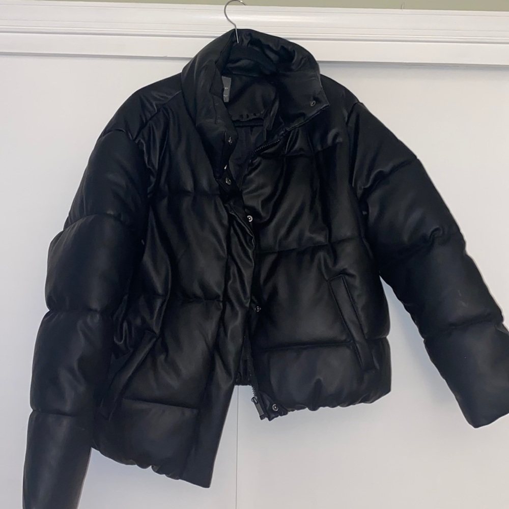 NWB: Black Leather Cropped Puff Jacket